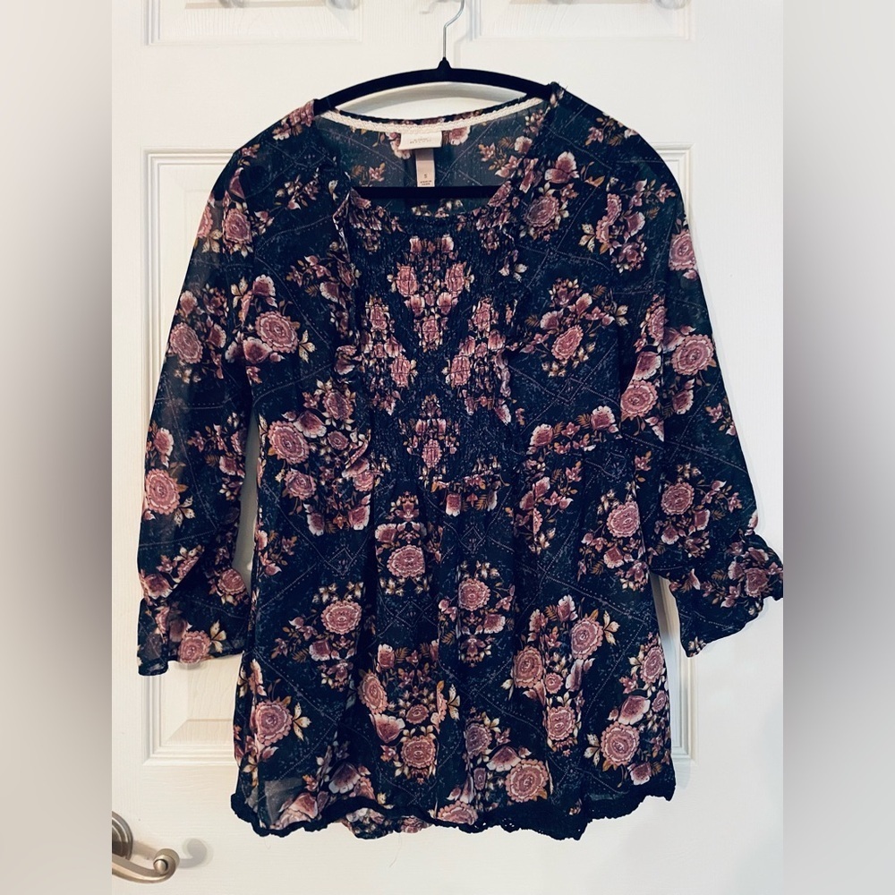 Knox Rose Black and Pink Floral Blouse Small - Picture 1 of 3